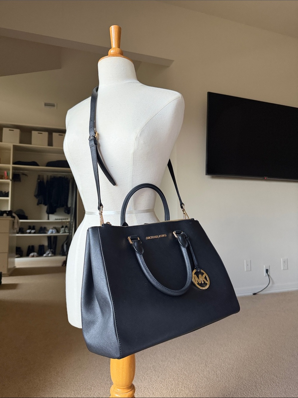 Michael Kors Black Leather Satchel with Gold MK Charm